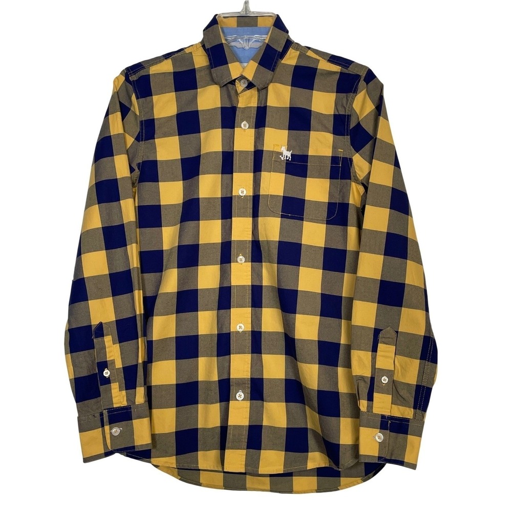 Mini Boden Button Down Shirt Kids 11-12Y Yellow Blue Check Buffalo Plaid Cotton